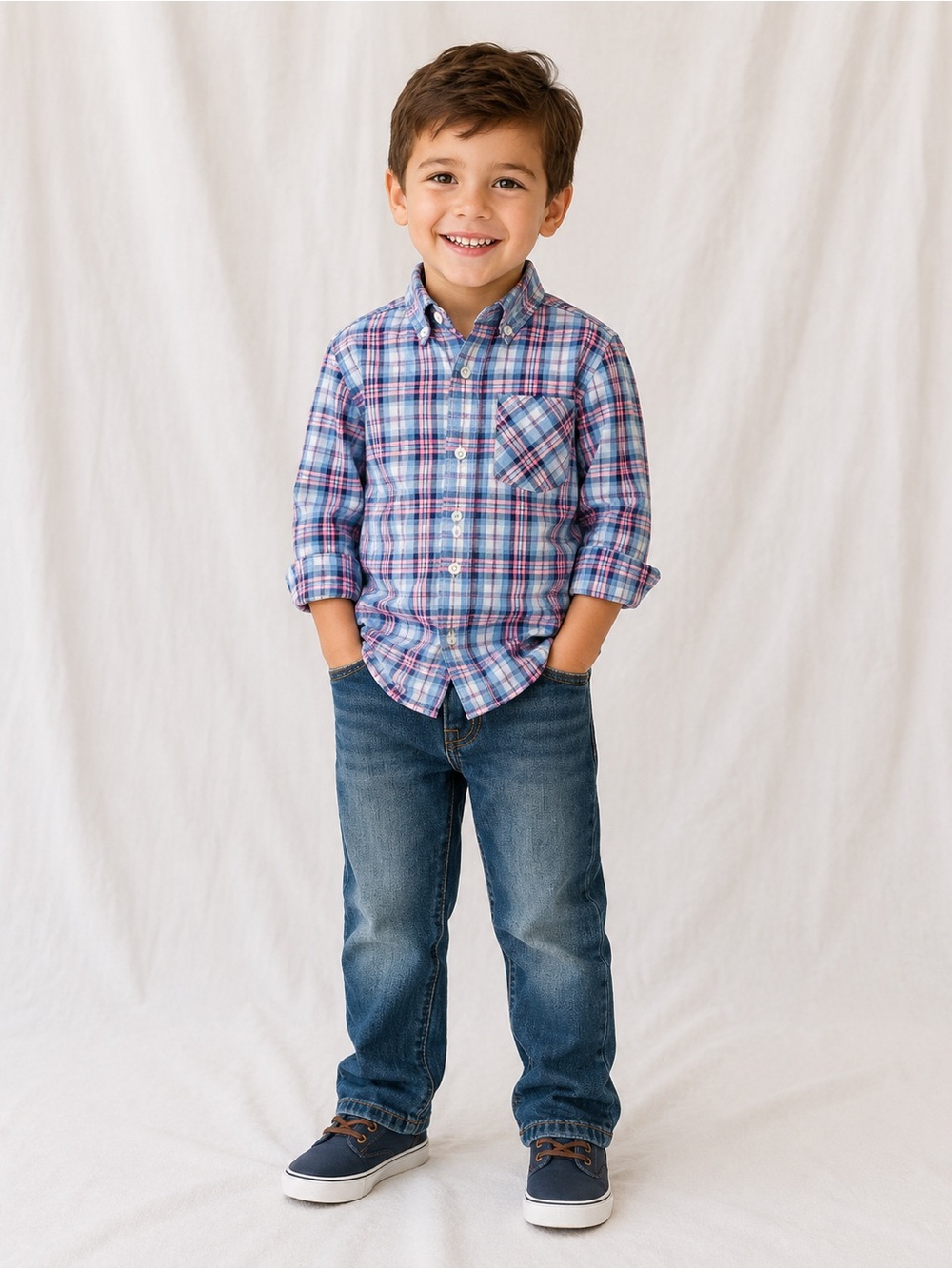 Place Kids Blue and Pink Plaid Shirt with Denim Jeans Set